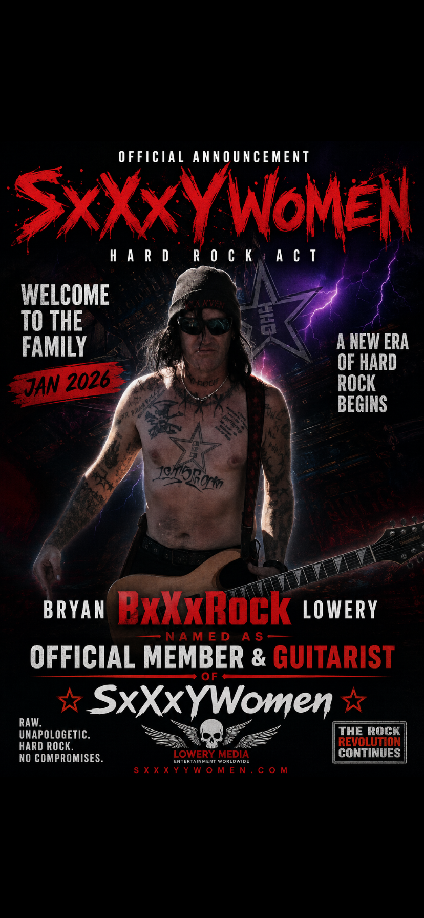 Official Announcement — Bryan BxXxRock Lowery named Official Member & Guitarist of SxXxY Women, Jan 2026